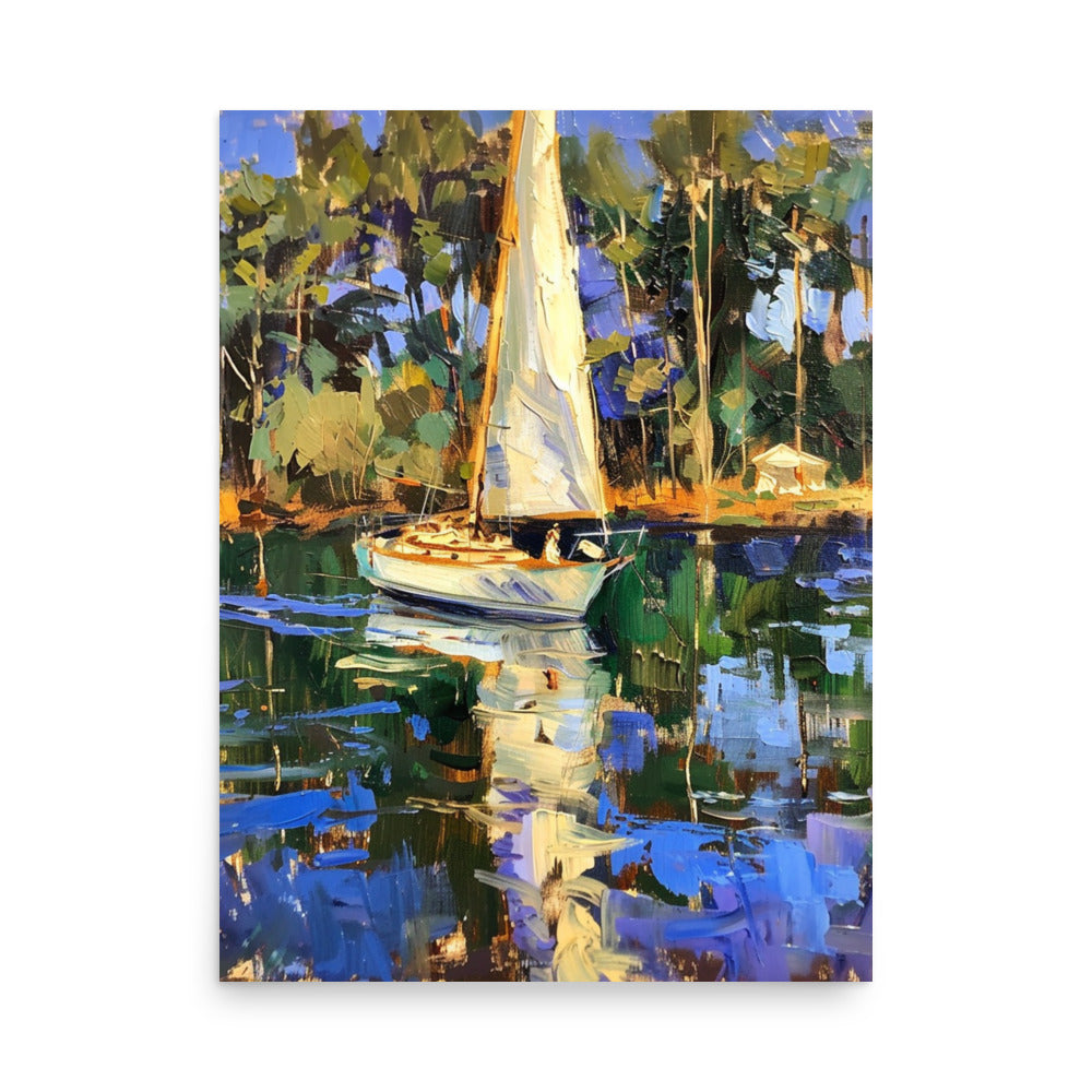 Lakeside Repose: Sailboat Amidst Tranquil Waters