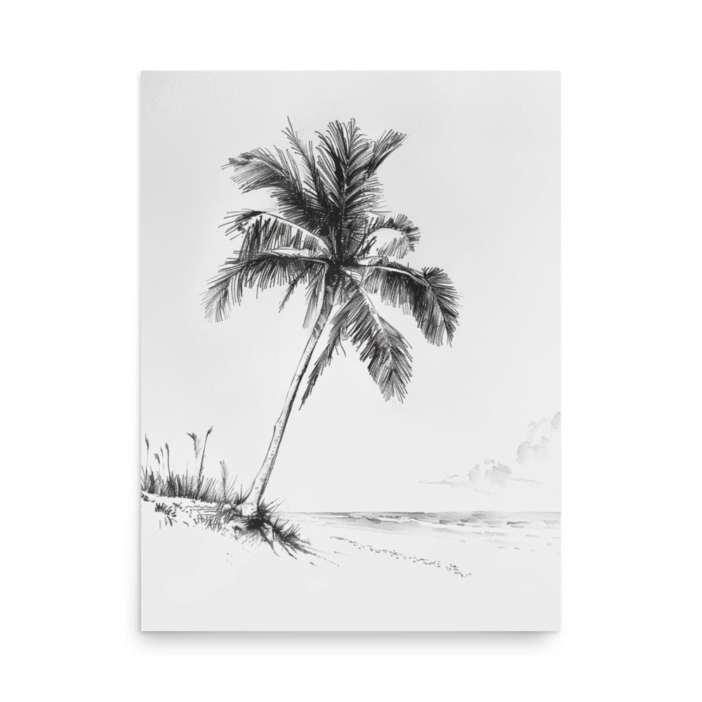 Tropical Palm Beach - Black and White Coastal Landscape Drawing