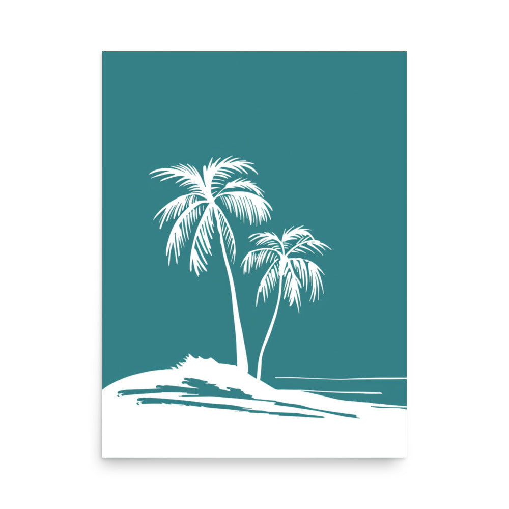 Teal Tropic Tranquility - Palm Silhouettes on Island Beach Line Art