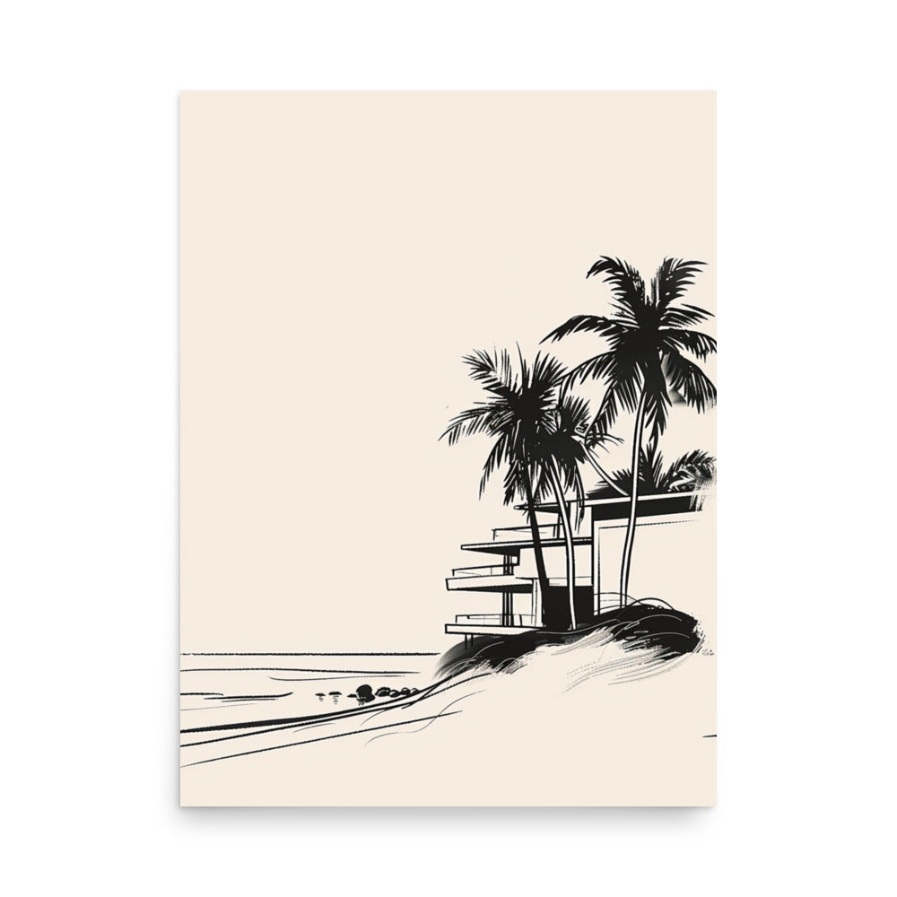 Modern Beachside Oasis - Minimalist Palm and Architecture Line Art