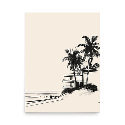 Modern Beachside Oasis - Minimalist Palm and Architecture Line Art