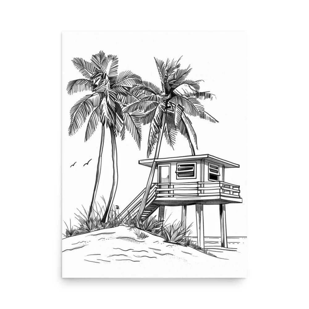 Tropical Beachfront Retreat - Palm Trees and Beach House Line Drawing