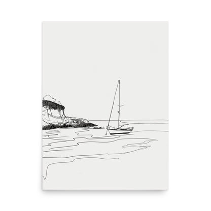 Coastal Haven Sketch - Minimalist Sailboat by the Shoreline Drawing