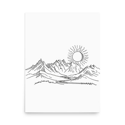 Mountain Sunrise Line Art - Simplistic Alpine Peaks and Rising Sun Sketch