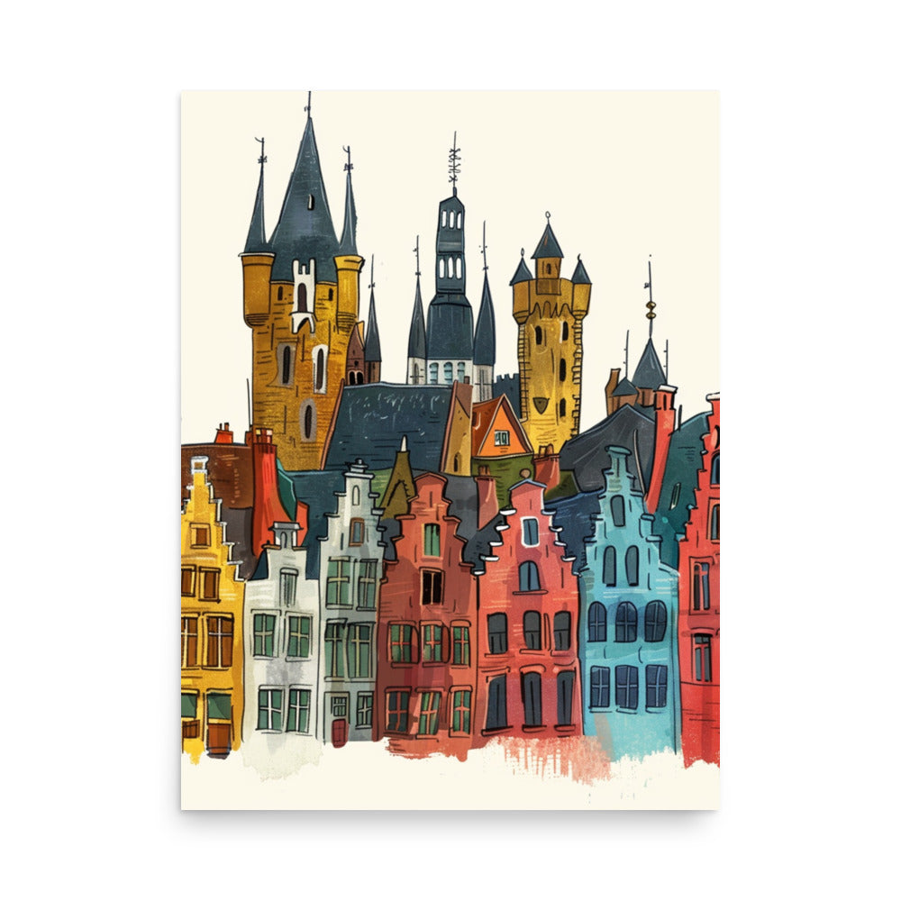 Colorful Brugge Skyline Art: Playful Belgian Cityscape