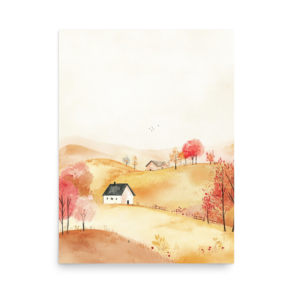 Golden Hillside Farm – Minimalist Watercolor Landscape Art Print