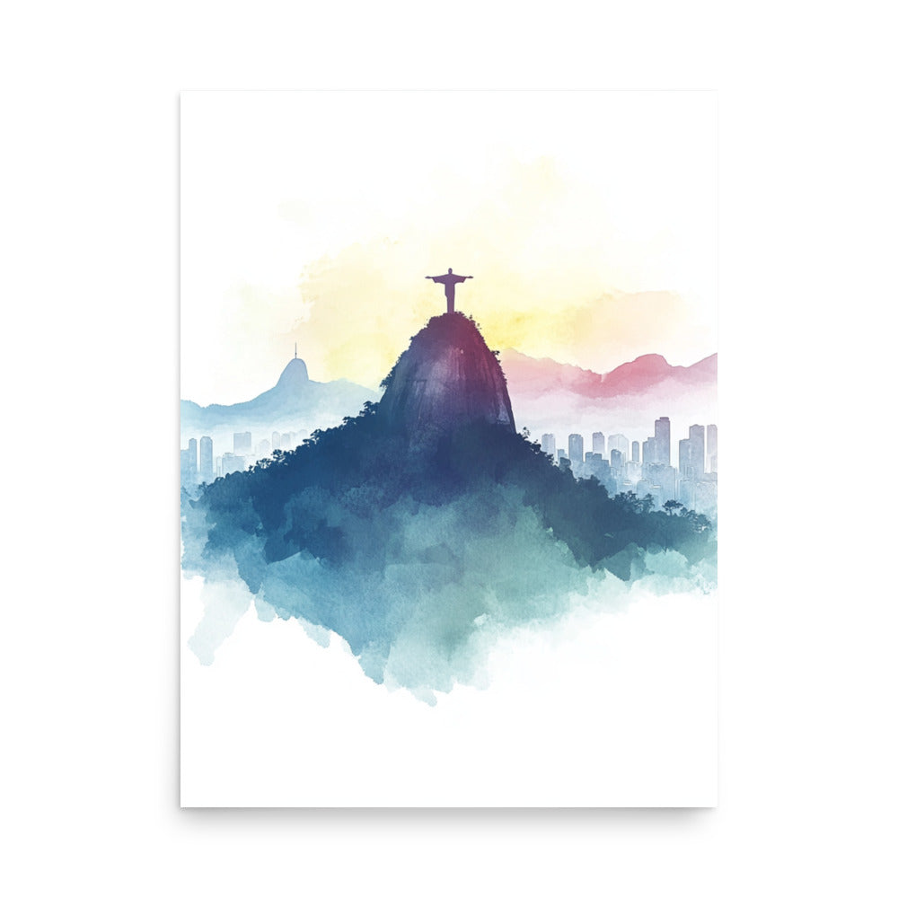 Serene Majesty: Watercolor Panorama of Rio de Janeiro's Christ the Redeemer