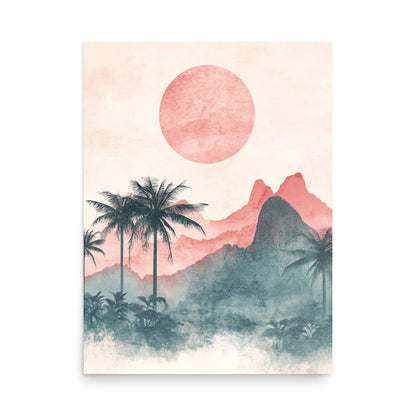 Mystic Dusk: Watercolor of Palm Trees and Mountains Under a Coral Sun