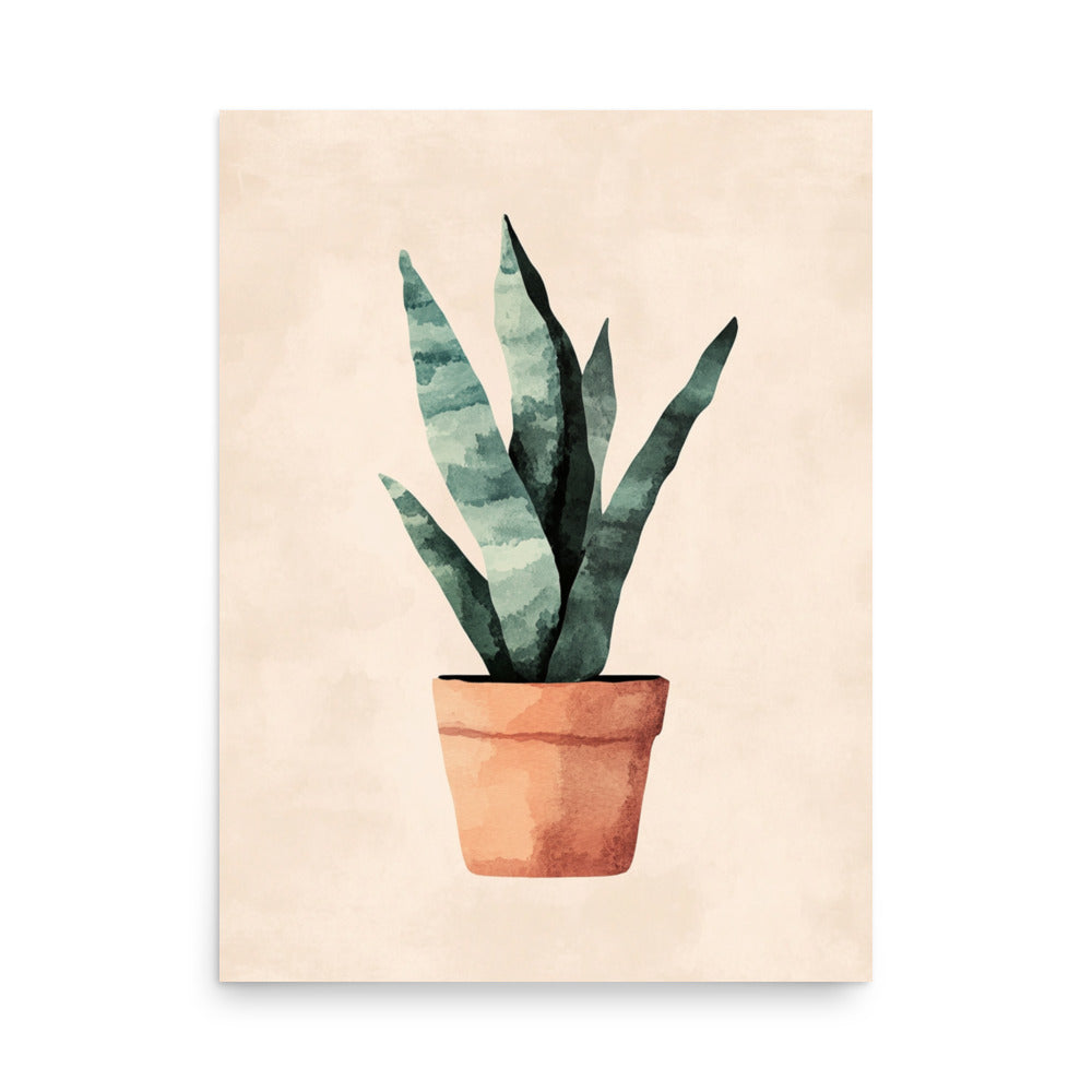 Earthy Elegance: Minimalist Watercolor of a Snake Plant in a Terracotta Pot