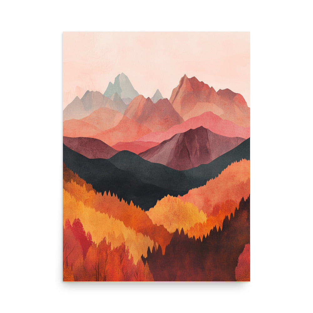 Crimson Peaks: Minimalist Watercolor of Autumn in the Mountains