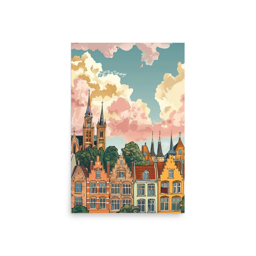 Whimsical Brugge Skyline Art: Colorful Belgian Cityscape