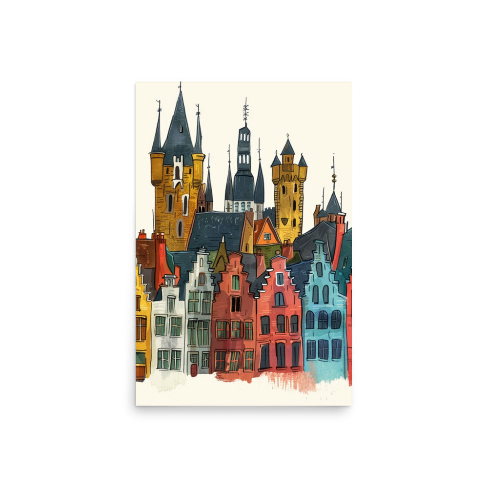 Colorful Brugge Skyline Art: Playful Belgian Cityscape