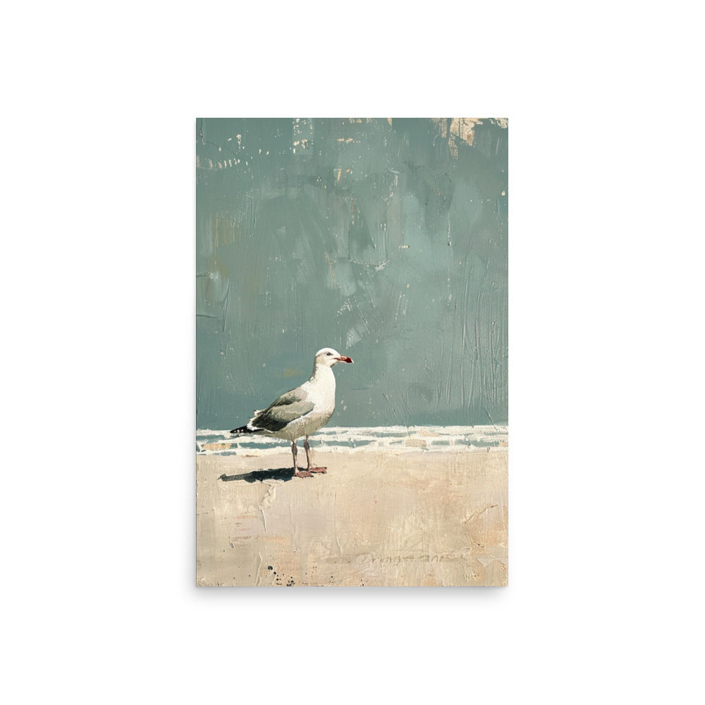 Minimalist Seagull Beach Art: Tranquil Coastal Painting