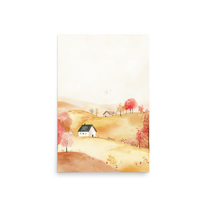 Golden Hillside Farm – Minimalist Watercolor Landscape Art Print