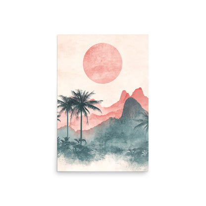 Mystic Dusk: Watercolor of Palm Trees and Mountains Under a Coral Sun