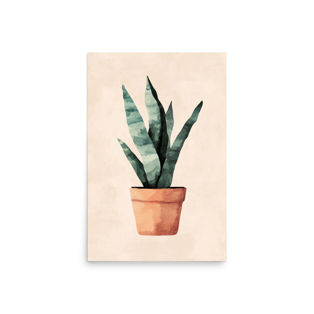 Earthy Elegance: Minimalist Watercolor of a Snake Plant in a Terracotta Pot