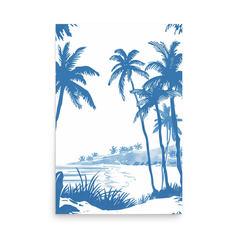 Azure Palm Serenade - Blue Tone Tropical Beach Line Art