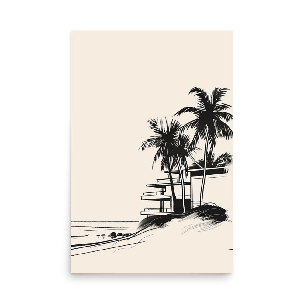 Modern Beachside Oasis - Minimalist Palm and Architecture Line Art