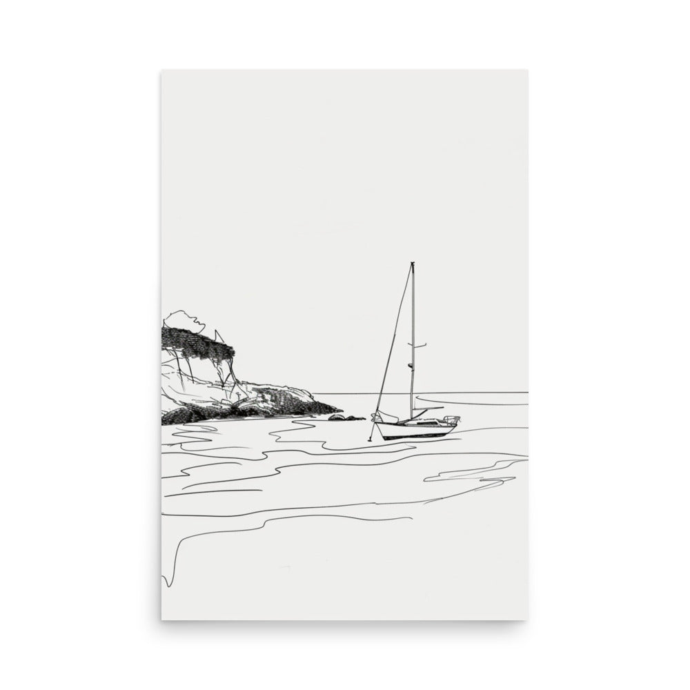 Coastal Haven Sketch - Minimalist Sailboat by the Shoreline Drawing