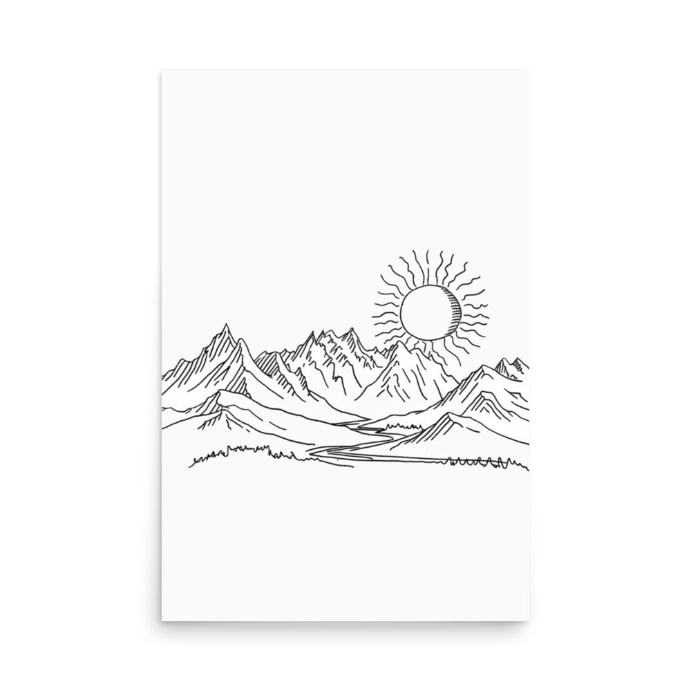 Mountain Sunrise Line Art - Simplistic Alpine Peaks and Rising Sun Sketch