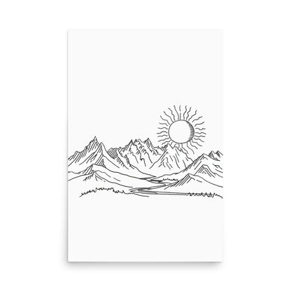 Mountain Sunrise Line Art - Simplistic Alpine Peaks and Rising Sun Sketch