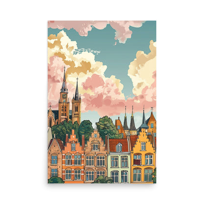 Whimsical Brugge Skyline Art: Colorful Belgian Cityscape