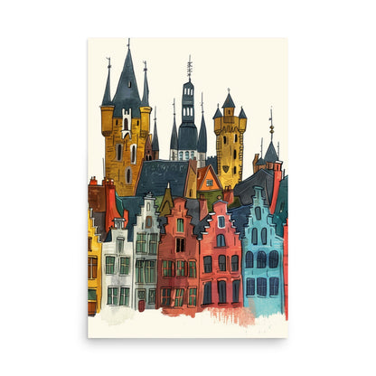 Colorful Brugge Skyline Art: Playful Belgian Cityscape