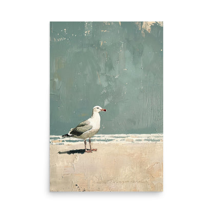 Minimalist Seagull Beach Art: Tranquil Coastal Painting