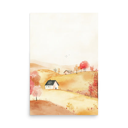 Golden Hillside Farm – Minimalist Watercolor Landscape Art Print