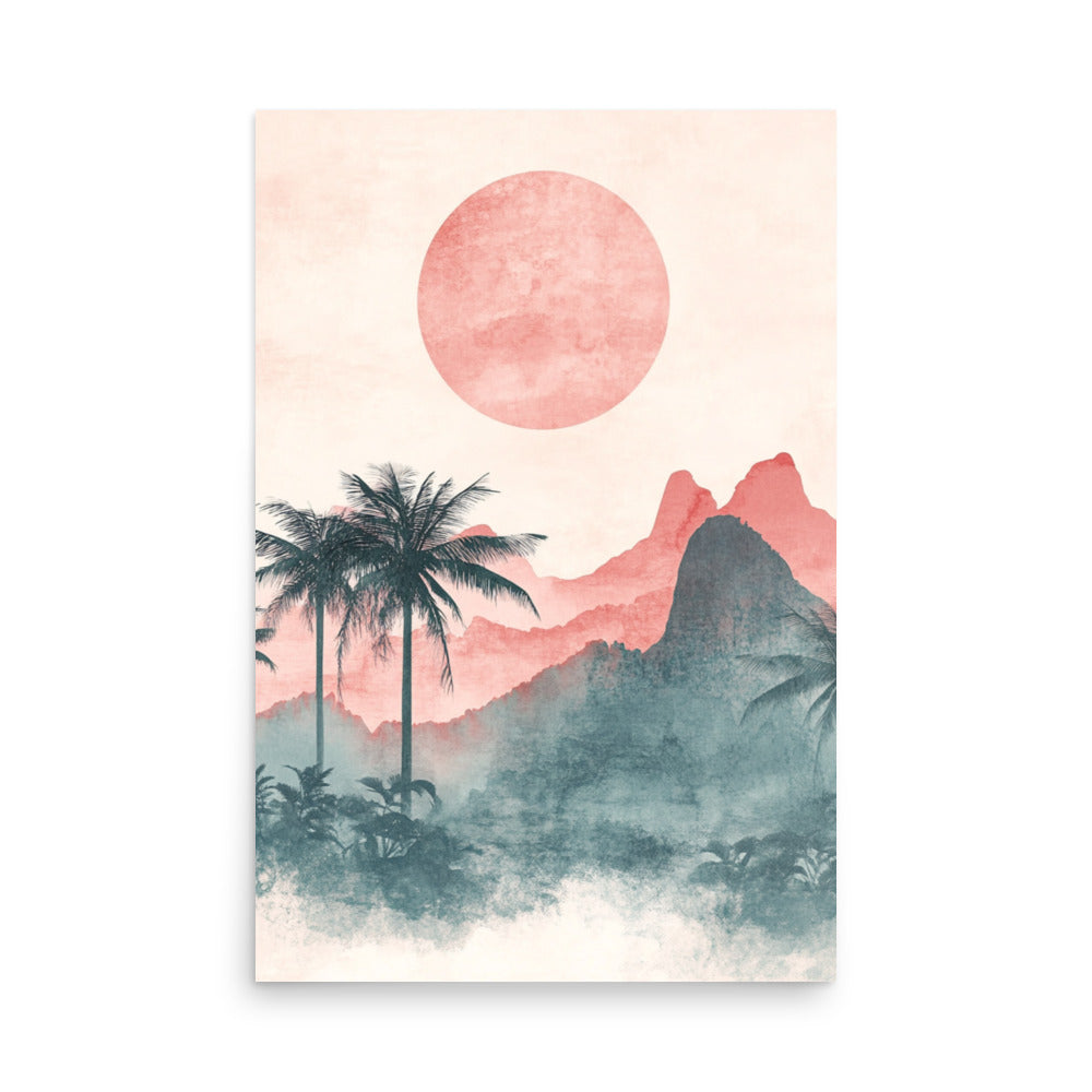 Mystic Dusk: Watercolor of Palm Trees and Mountains Under a Coral Sun