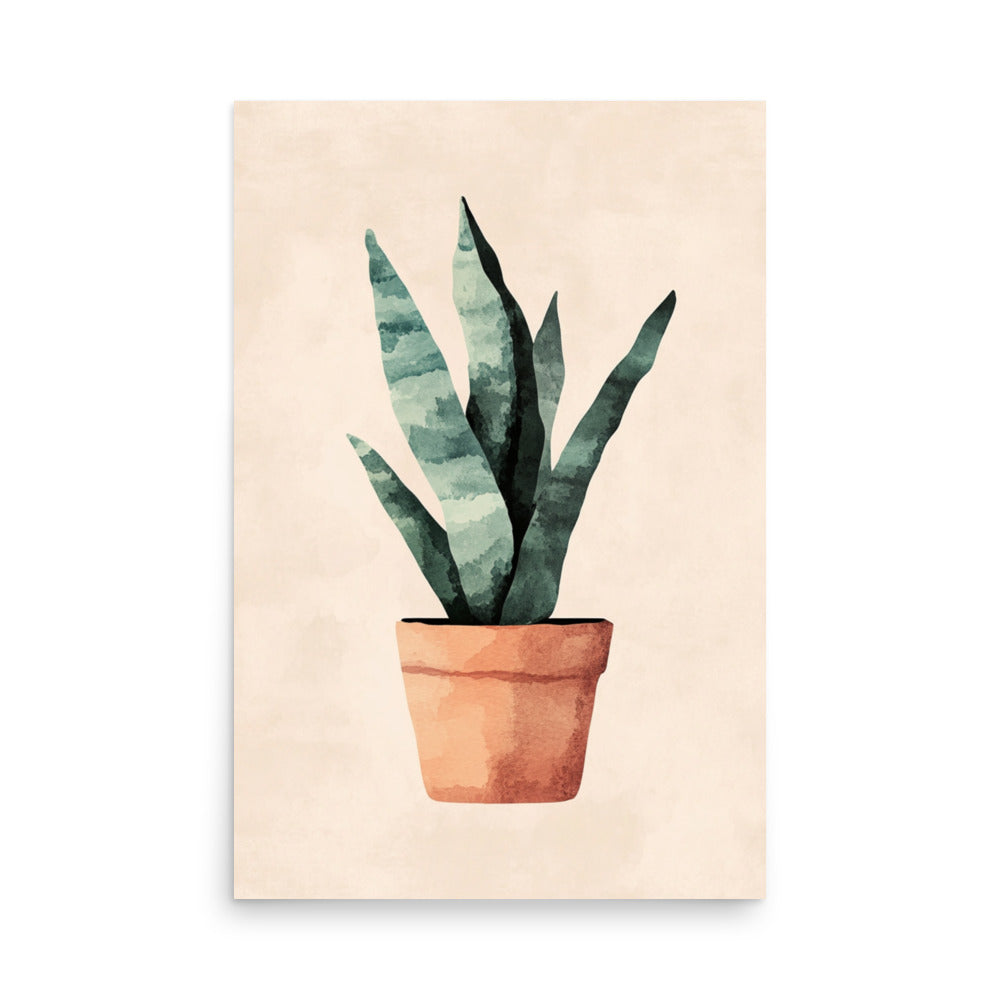 Earthy Elegance: Minimalist Watercolor of a Snake Plant in a Terracotta Pot