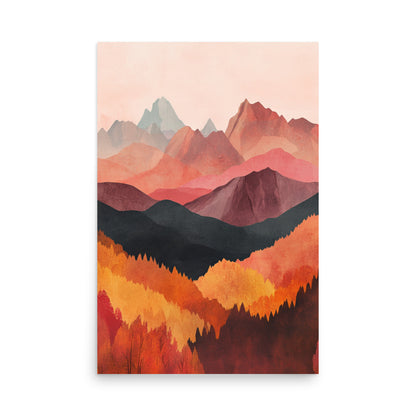 Crimson Peaks: Minimalist Watercolor of Autumn in the Mountains