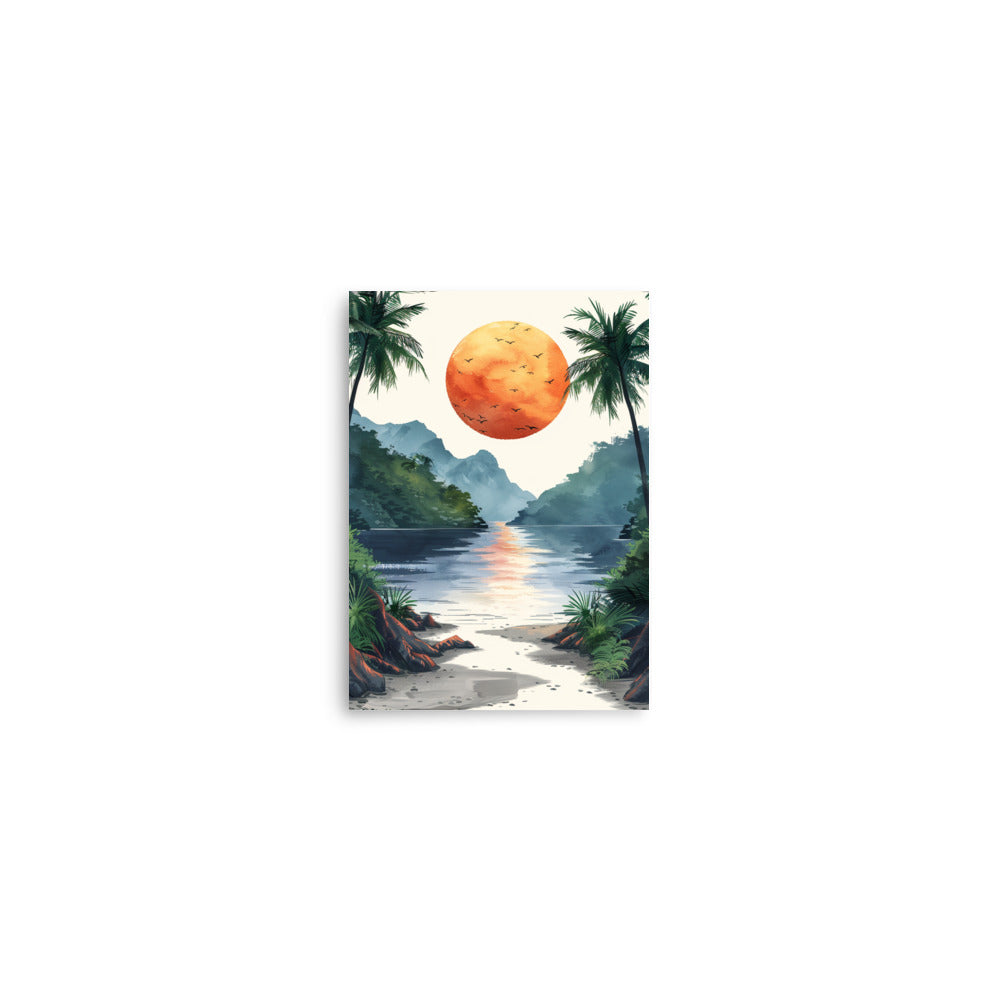 Serene Sunset Beachscape: A Watercolor Journey into Tropical Bliss