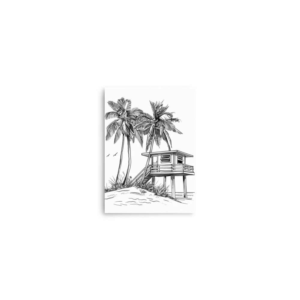 Tropical Beachfront Retreat - Palm Trees and Beach House Line Drawing