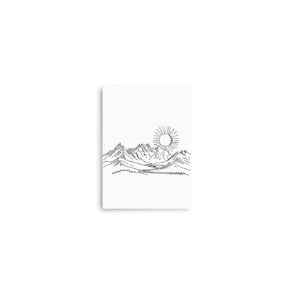 Mountain Sunrise Line Art - Simplistic Alpine Peaks and Rising Sun Sketch