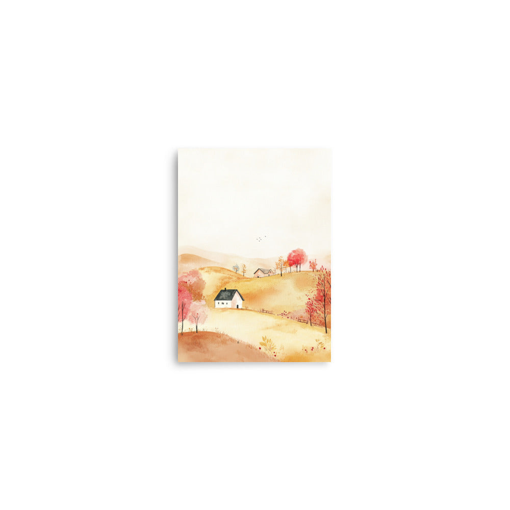 Golden Hillside Farm – Minimalist Watercolor Landscape Art Print