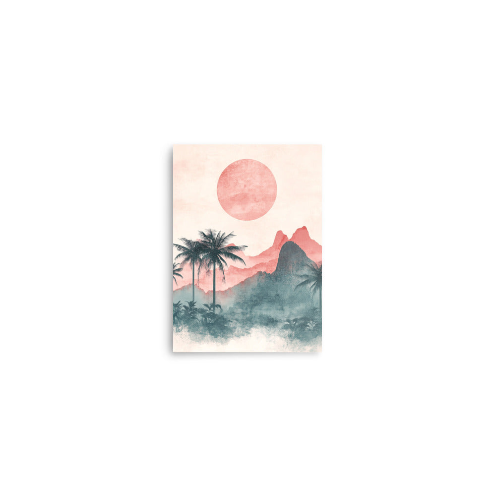 Mystic Dusk: Watercolor of Palm Trees and Mountains Under a Coral Sun