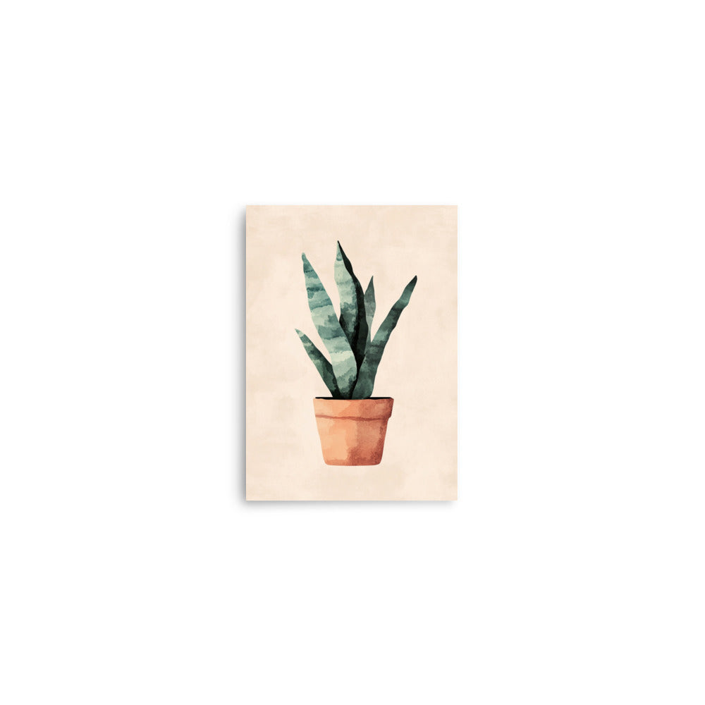 Earthy Elegance: Minimalist Watercolor of a Snake Plant in a Terracotta Pot