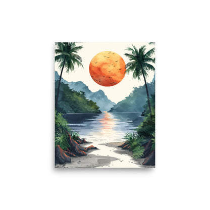 Serene Sunset Beachscape: A Watercolor Journey into Tropical Bliss