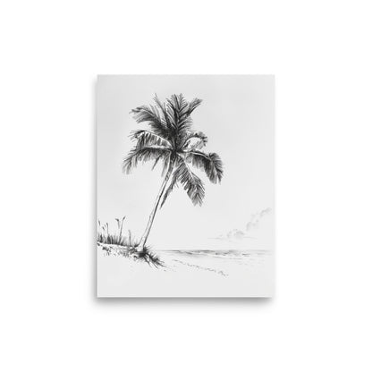 Tropical Palm Beach - Black and White Coastal Landscape Drawing