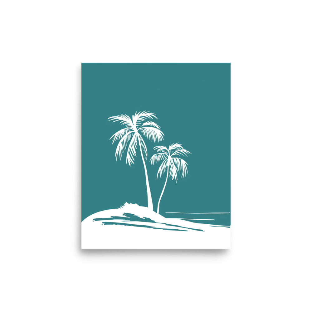 Teal Tropic Tranquility - Palm Silhouettes on Island Beach Line Art