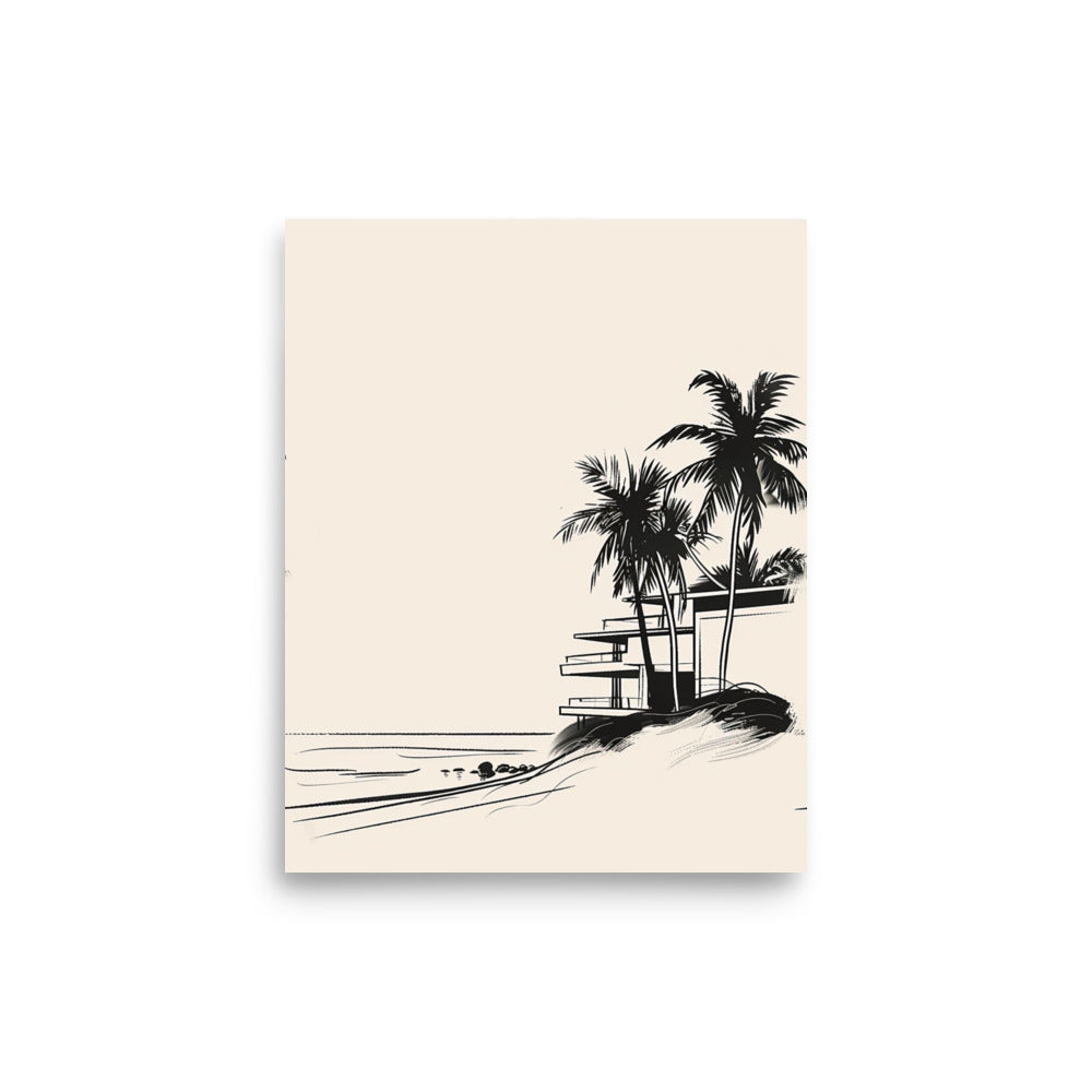 Modern Beachside Oasis - Minimalist Palm and Architecture Line Art