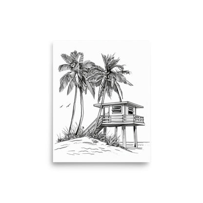 Tropical Beachfront Retreat - Palm Trees and Beach House Line Drawing