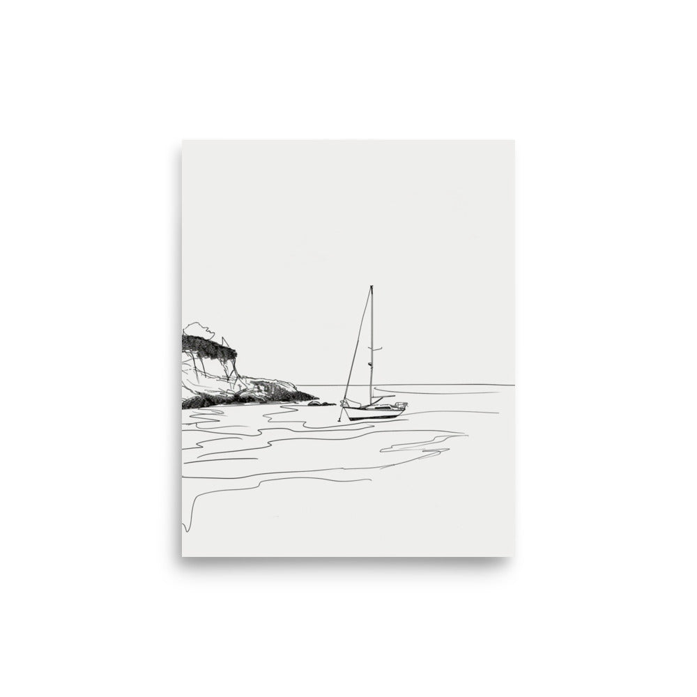 Coastal Haven Sketch - Minimalist Sailboat by the Shoreline Drawing