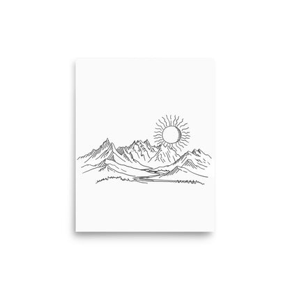 Mountain Sunrise Line Art - Simplistic Alpine Peaks and Rising Sun Sketch