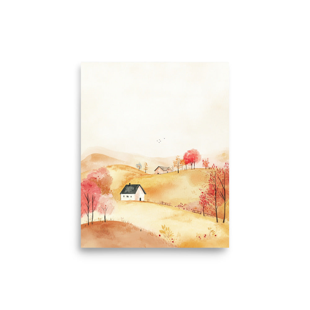 Golden Hillside Farm – Minimalist Watercolor Landscape Art Print