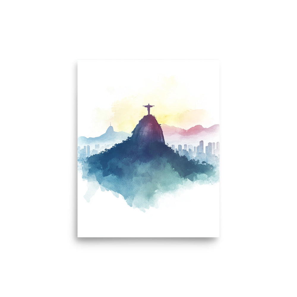 Serene Majesty: Watercolor Panorama of Rio de Janeiro's Christ the Redeemer