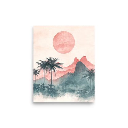 Mystic Dusk: Watercolor of Palm Trees and Mountains Under a Coral Sun