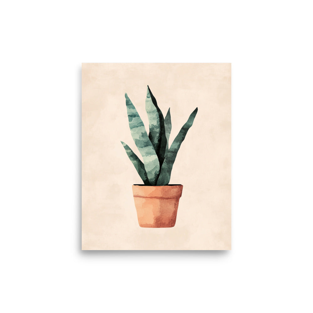 Earthy Elegance: Minimalist Watercolor of a Snake Plant in a Terracotta Pot