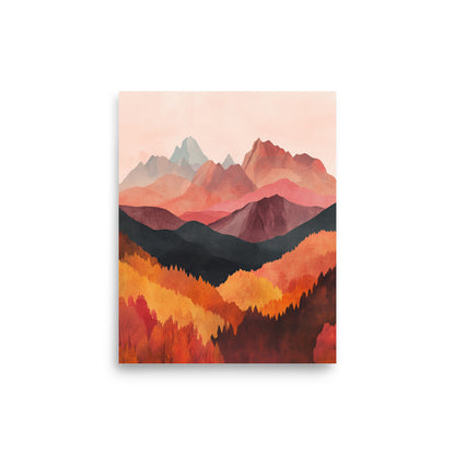 Crimson Peaks: Minimalist Watercolor of Autumn in the Mountains